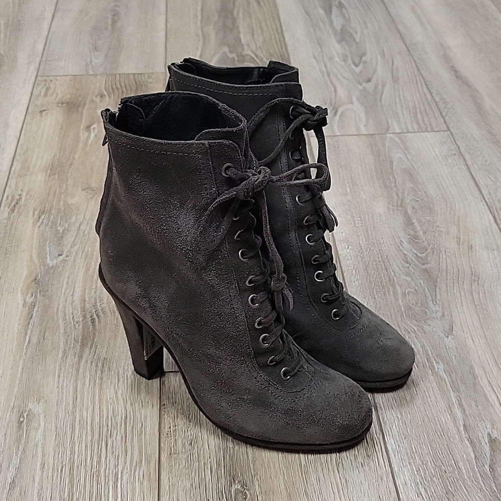 AllSaints Size 9 1/2 Grimsby Boots Asphalt Gray Suede Lace Up Zip Back NEW